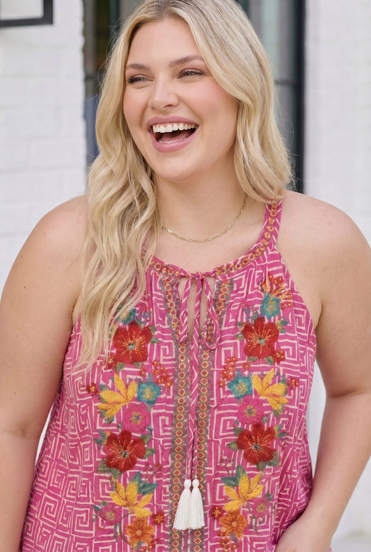 Boho Blooms Embroidered Halter Top in Fuchsia