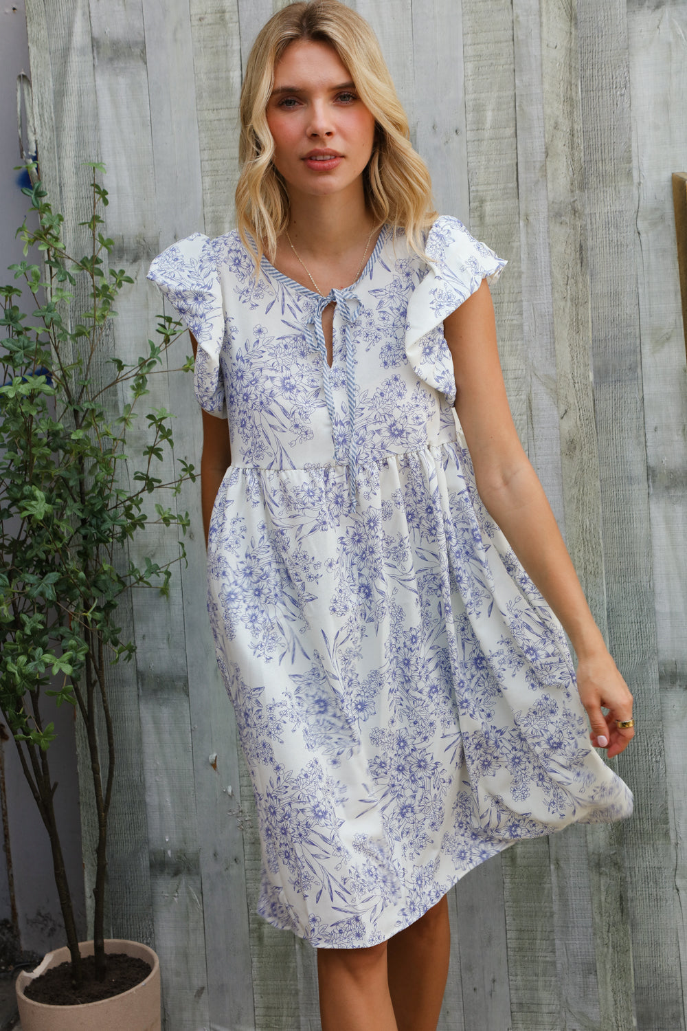 Vintage Vibes Dusty Blue Folded Ruffle Short Sleeve Babydoll Dress
