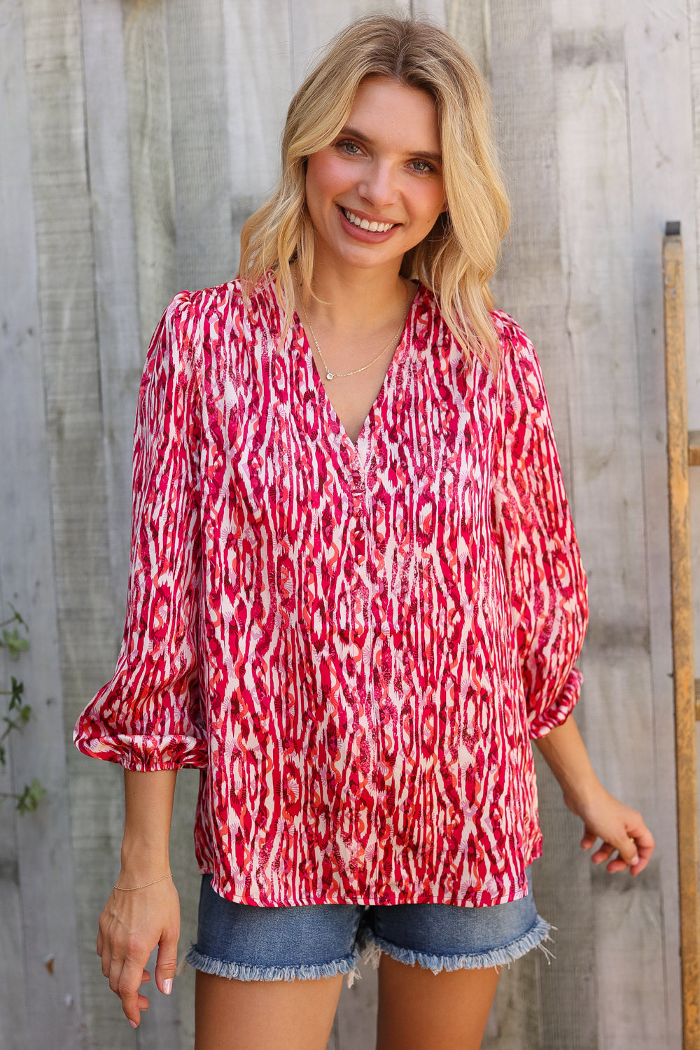 Perfectly You Berry Satin Button-Down V Neck Blouse